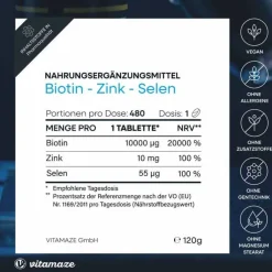 Biotin 10 mg hochdosiert + Zink + Selen Tabletten, 480 St