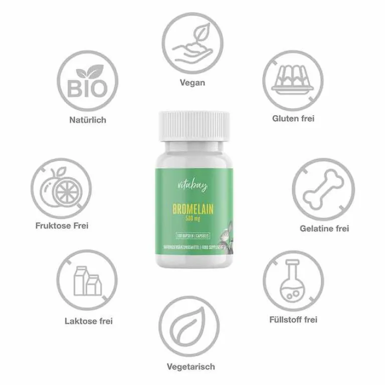 Vitabay Bromelain 500 mg 1200 F.I.P aus Ananas vegan Kapseln , 100 St