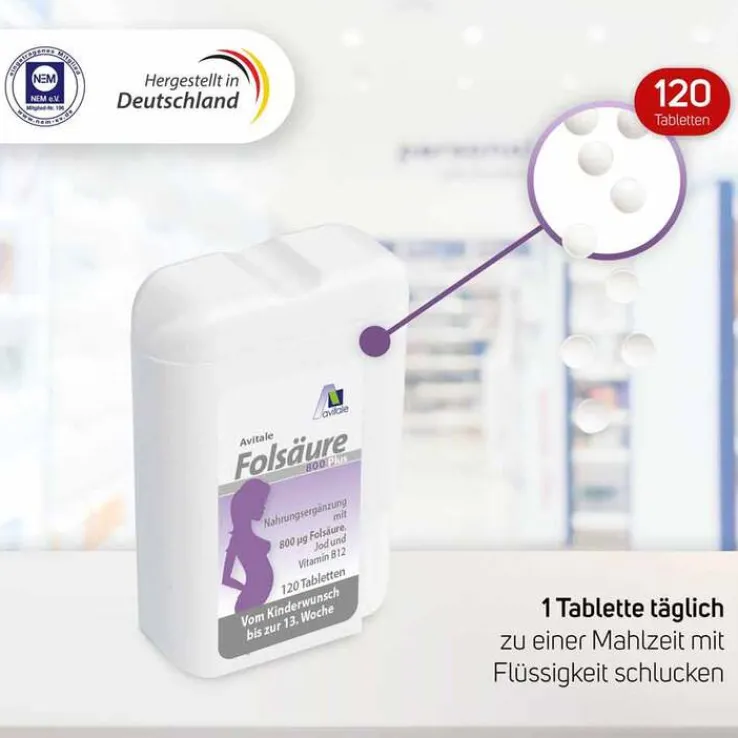Folsäure 800 Plus B12 + Jod Tabletten, 120 St