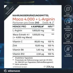 Sale Vitamaze Maca 4:1 hochdosiert + L-Arginin Kapseln, 240 St