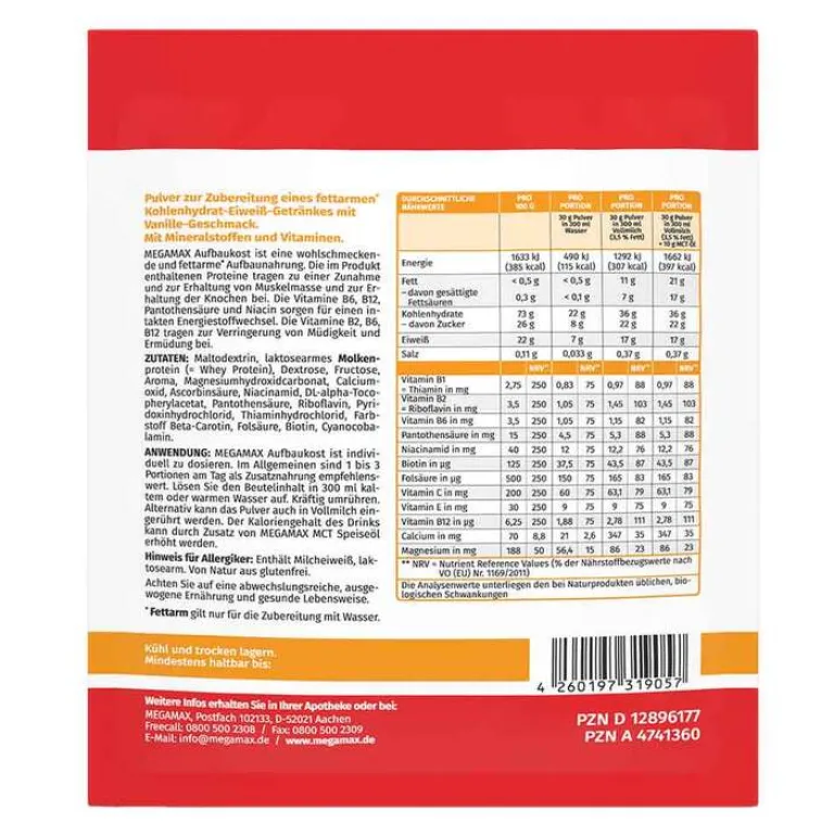 Clearance Megamax Aufbaukost Vanille Pulver, 30 g Eiweiß