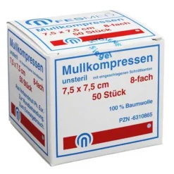 Mullkompressen ES 7,5x7,5 cm unsteril 8-fach, 50 St Sterile Kompressen