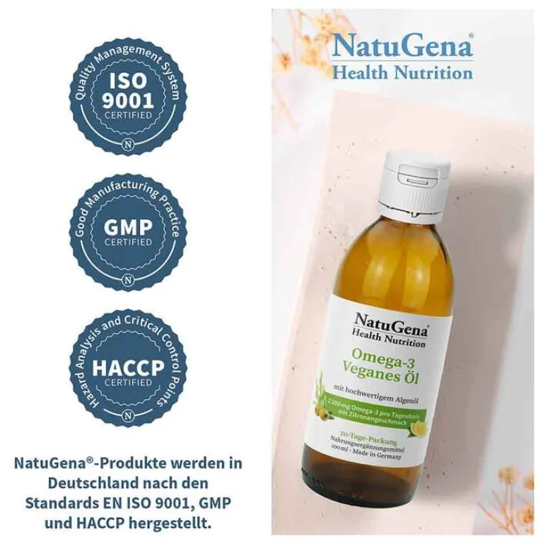Best Natugena Omega-3 Vegan 2200mg mit 1351 DHA 672 EPA Algenöl Öl, 100 ml