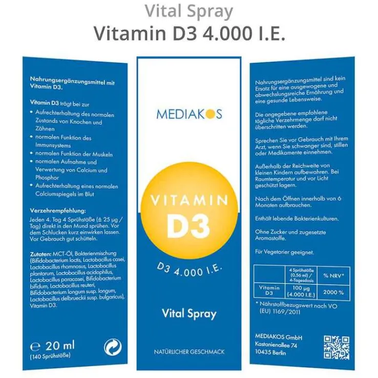 Vitamin D3 4000 I.E. Mediakos Vital Spray, 20 ml