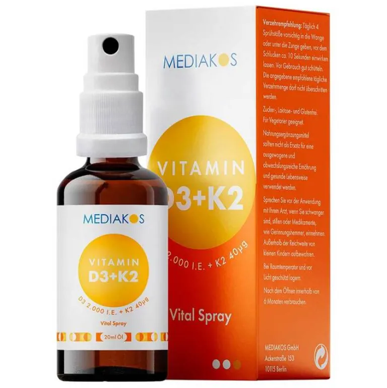 Best Vitamin D3 + K2 2000 I.E. 40 µg Mediakos Vital Spray, 20 ml Vitamin K|Vitamin D (Colecalciferol)