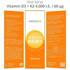 Hot Vitamin D3 + K2 4000 I.E. 60 µg Mediakos Vital Spray, 20 ml Vitamin K|Vitamin D (Colecalciferol)