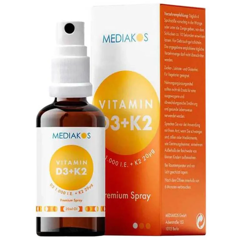 Hot Mediakos Vitamin D3 + K2 1000 I.E. 20 µg Premium Spray, 20 ml