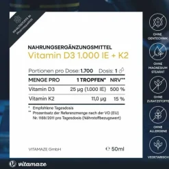 Hot Vitamin D3 K2 1000 I.E. / 10 µg Tropfen hochdosiert, 50 ml Vitamin D (Colecalciferol)