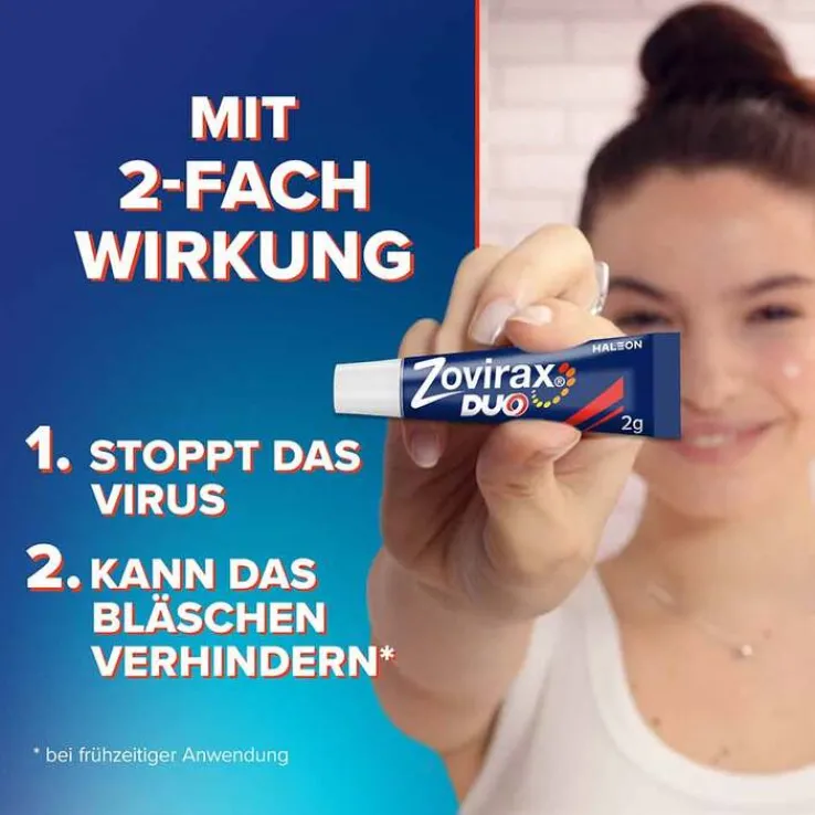 Zovirax® DUO Creme bei Lippenherpes. 5 % Aciclovir, 1 % Hydrocortison, 2 g